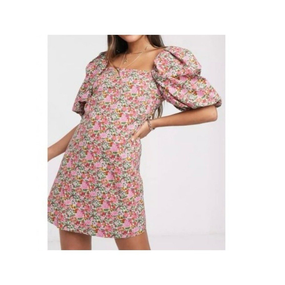Mango MNG Floral Puff Sleeve Mini Dress Pink Green‎ Square Neck Size 4 EUR 36